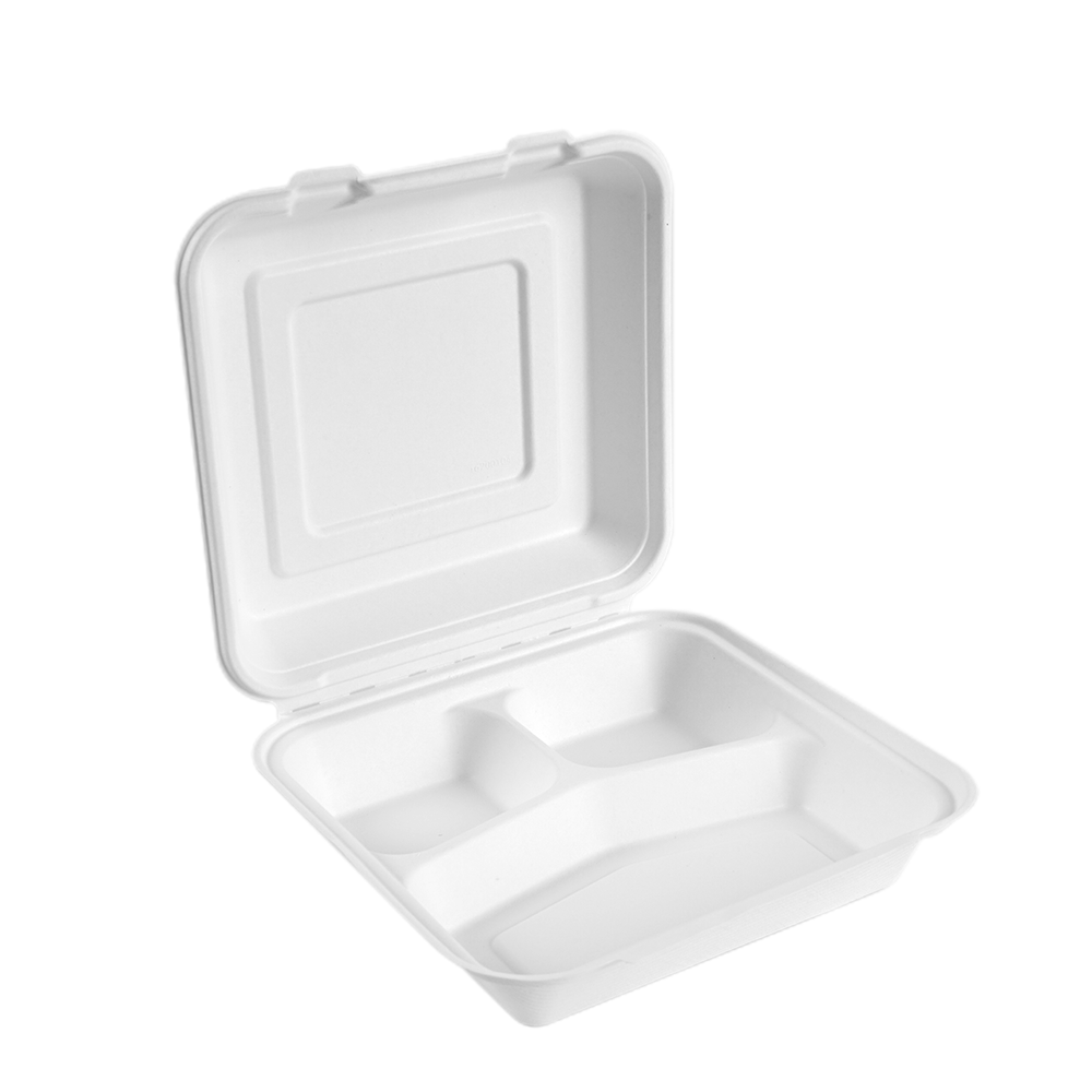 10'' 3-Compartments Bagasse Clamshell Box